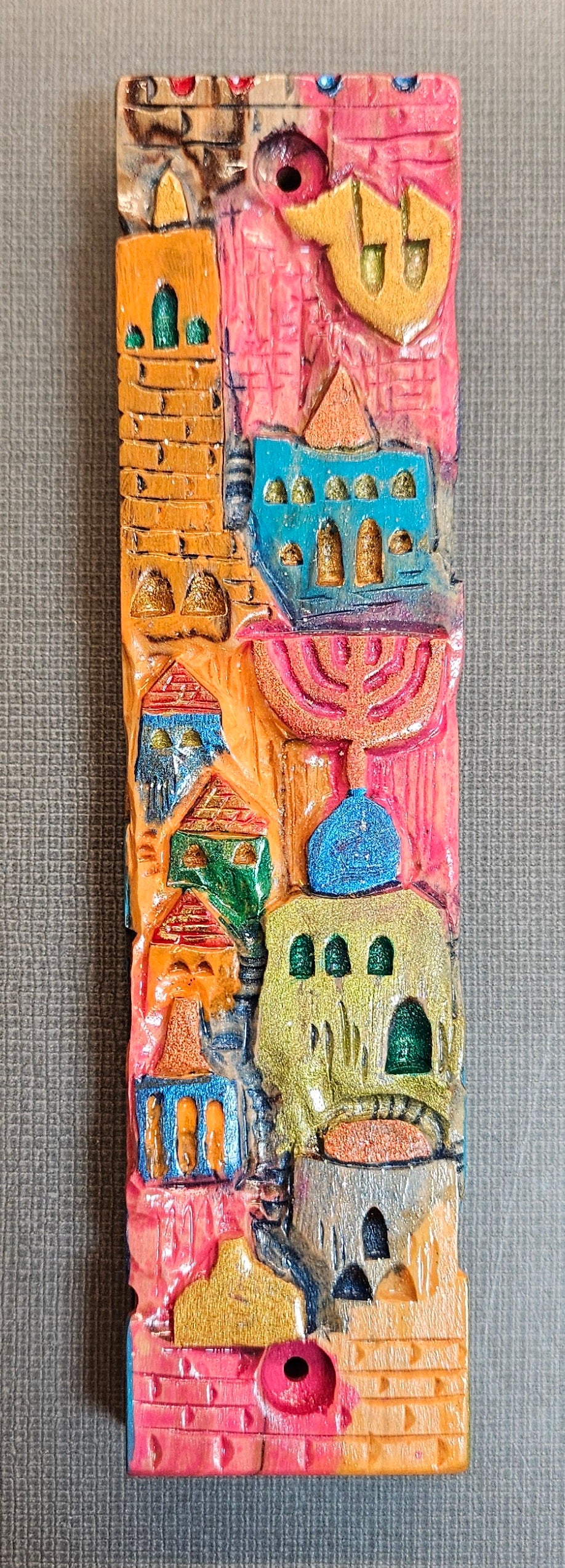 Mezuzah in Colorful Carved Wood