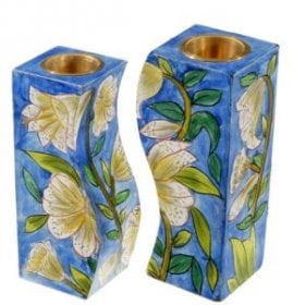 Shabbat Candlesticks - Blue with White Flowers